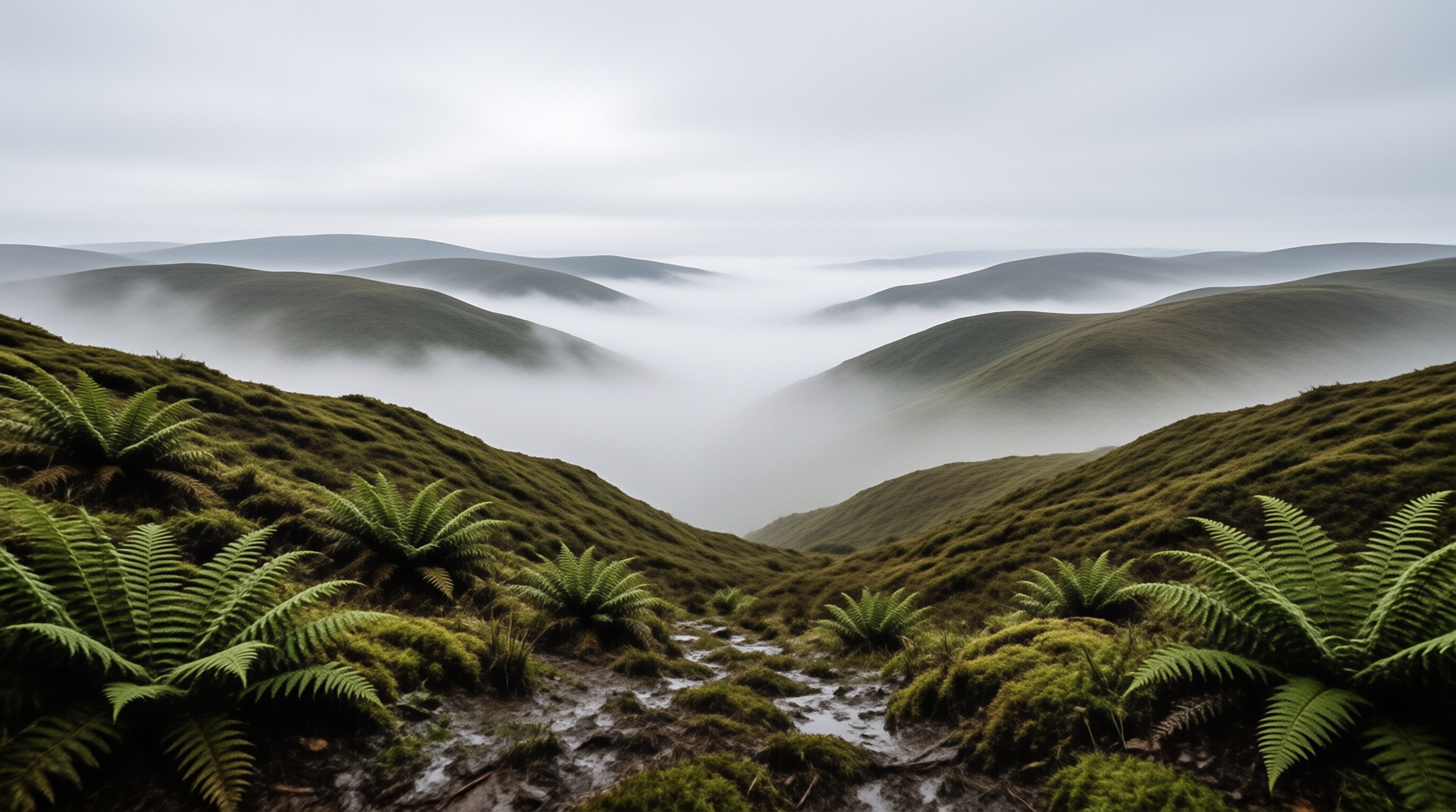 Misty Green Hills with Ferns