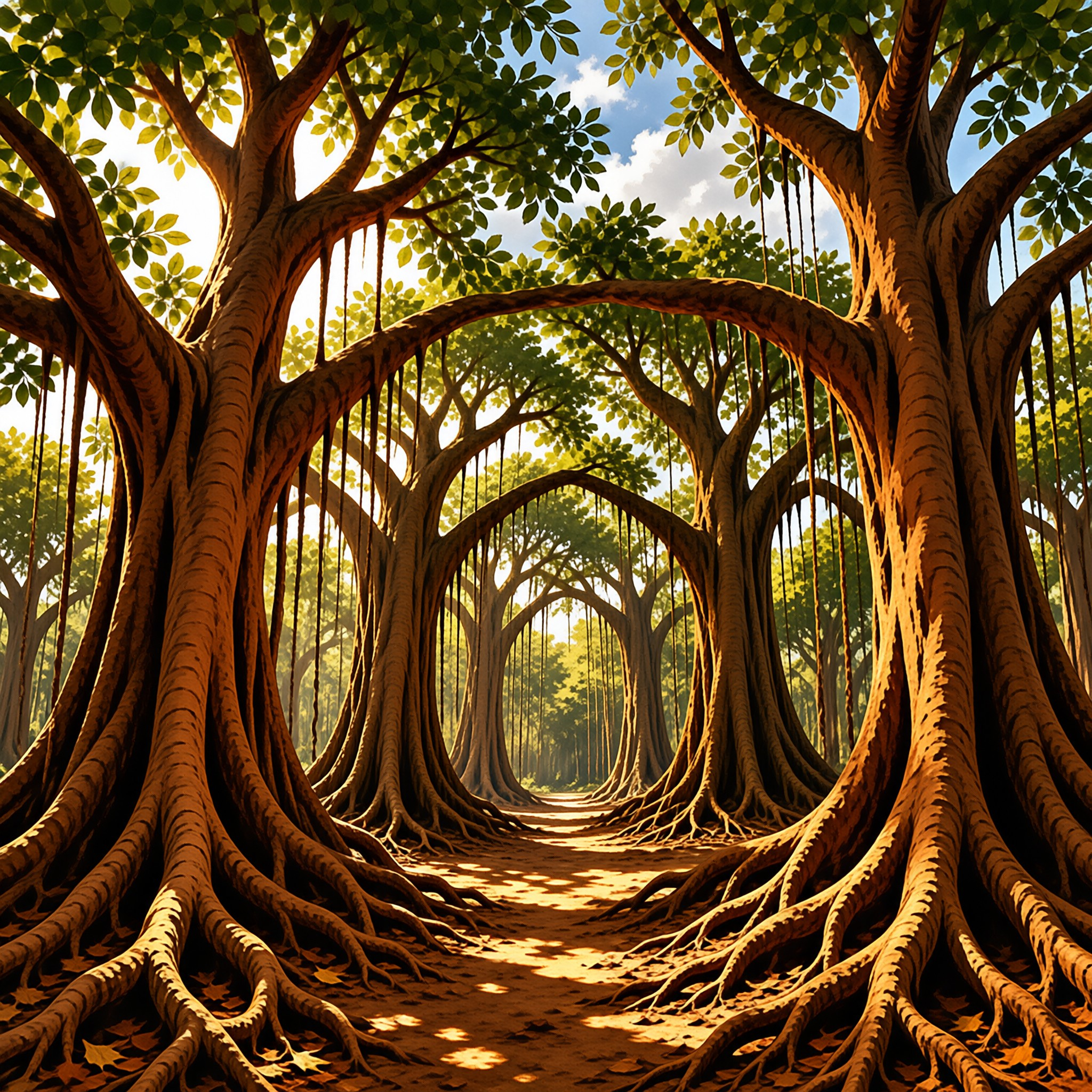 Massive tree roots form a natural archway over a sunlit dirt path, with green leaves filtering warm light.