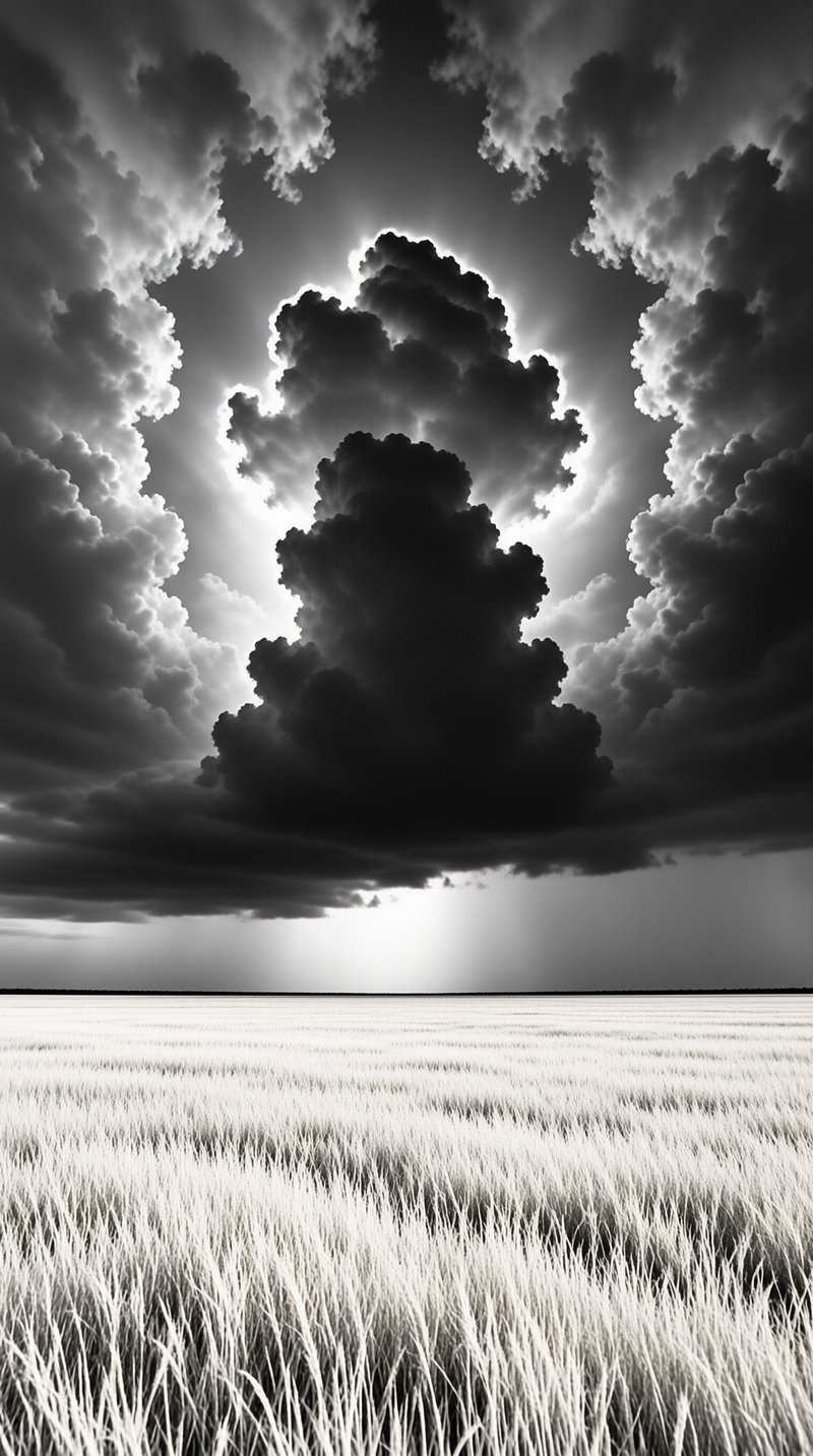 A massive dark cloud dominates the sky above an expansive field of tall grass in this black and white landscape view.