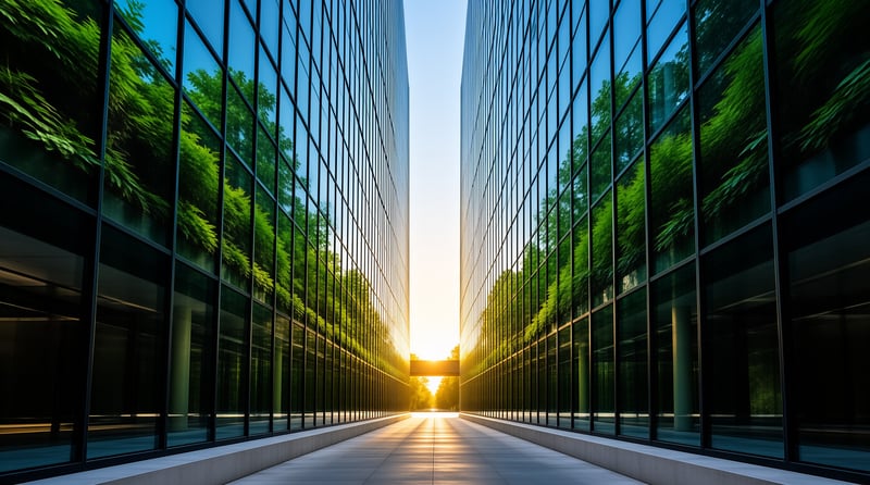 Two tall glass buildings line a walkway with reflections of green trees and bright sunlight at the end.