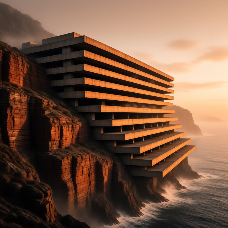 Stacked concrete balconies of a brutalist tower cascade down a rugged coastal cliff above the evening sea