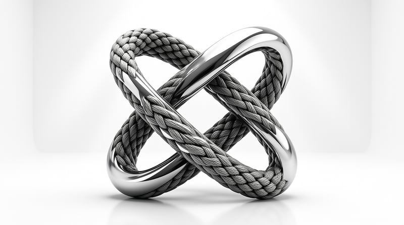 Two looping ribbons interlock into a knot, one polished mirror steel and the other tightly woven grey fiber cord.