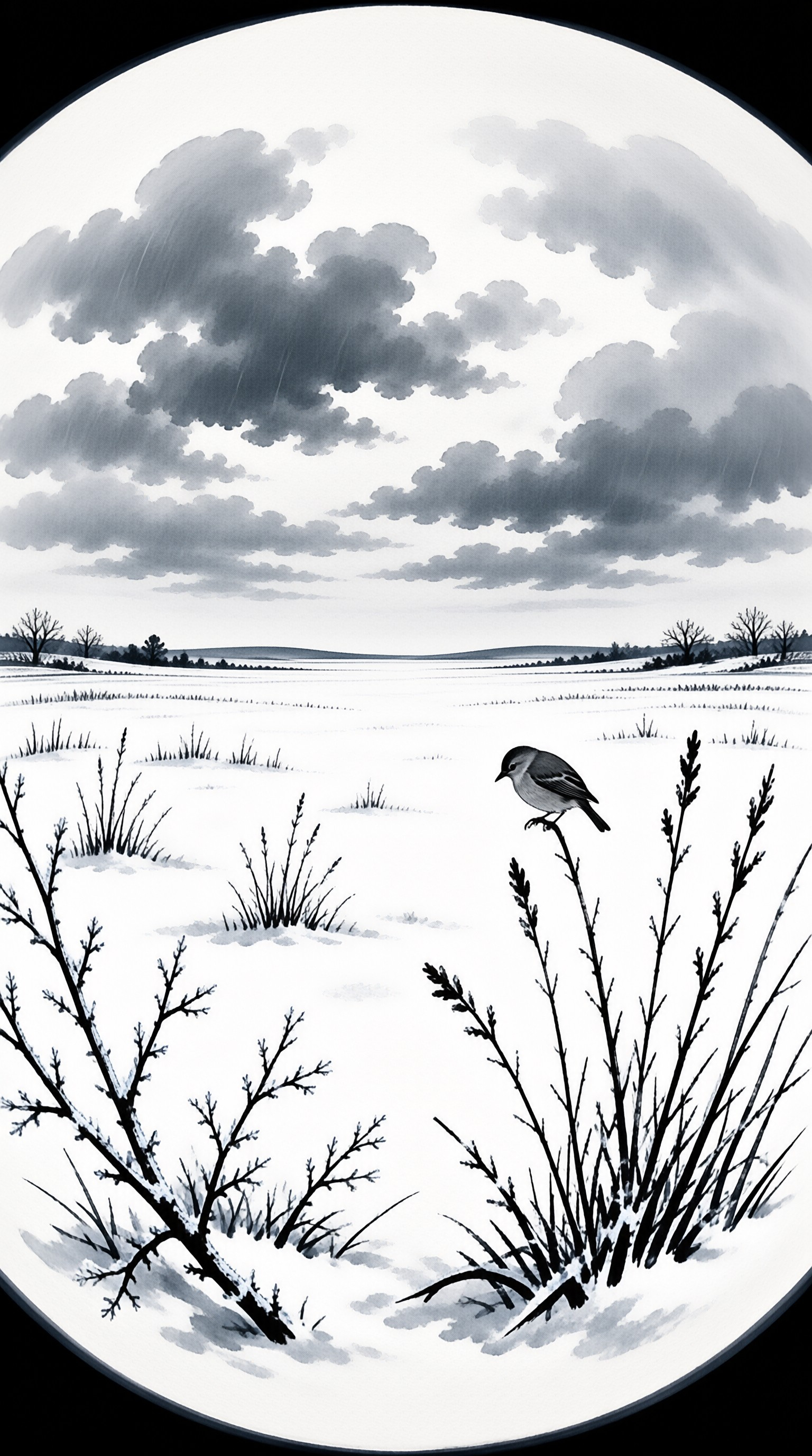 A small bird stands on a thin twig in a snowy landscape beneath heavy grey clouds.