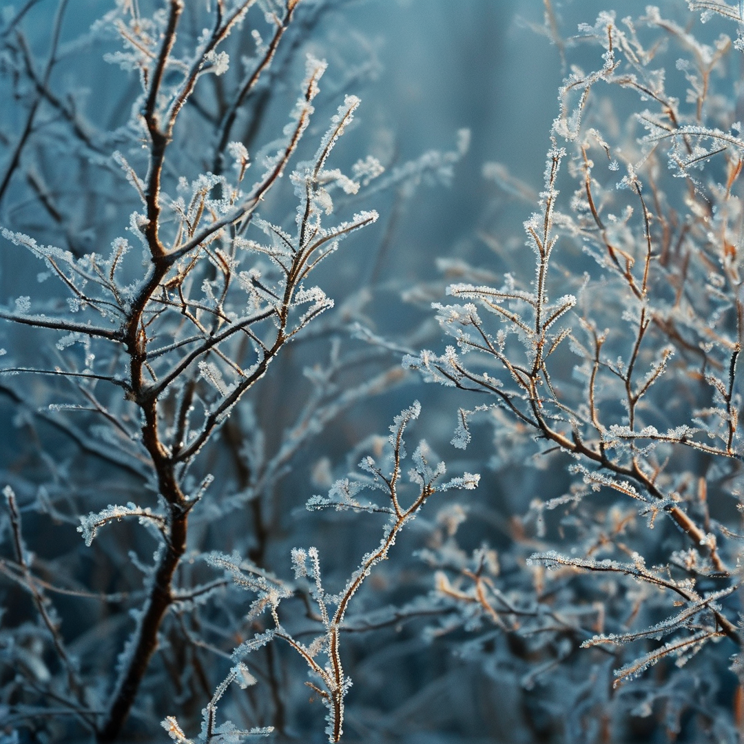 Close up view of tree twigs encrusted with white frost against a blurred dark blue background suggesting a cold winter morning.