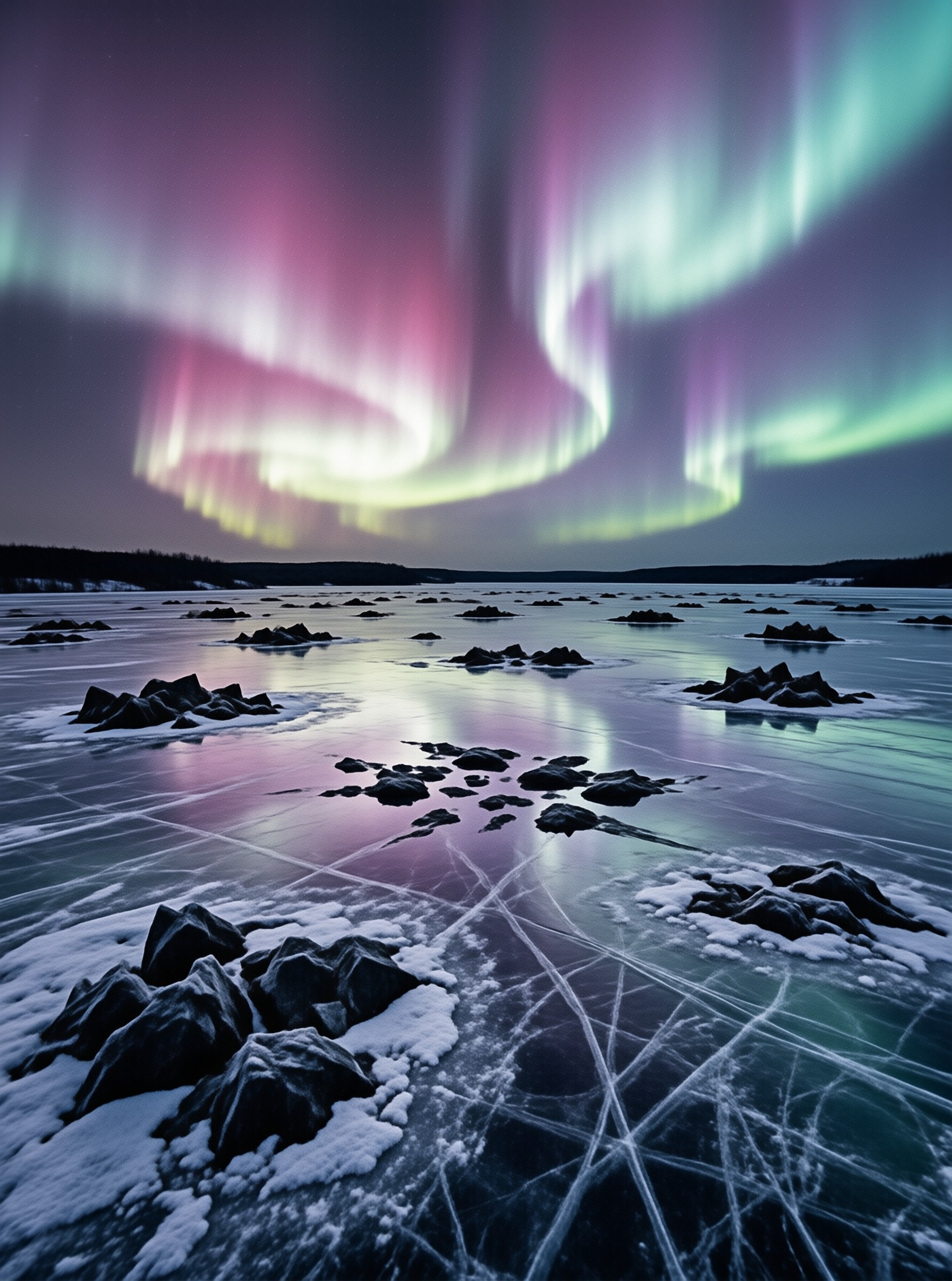 Pink and green northern lights swirl over fractured ice strewn with snow capped rocks on a still lake.