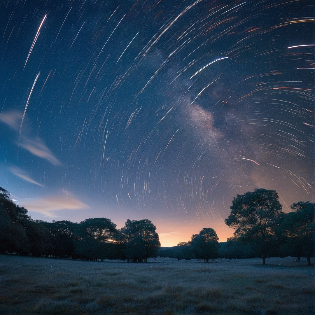 White star trails curve across a deep blue night sky above a line of dark trees and a grassy field.