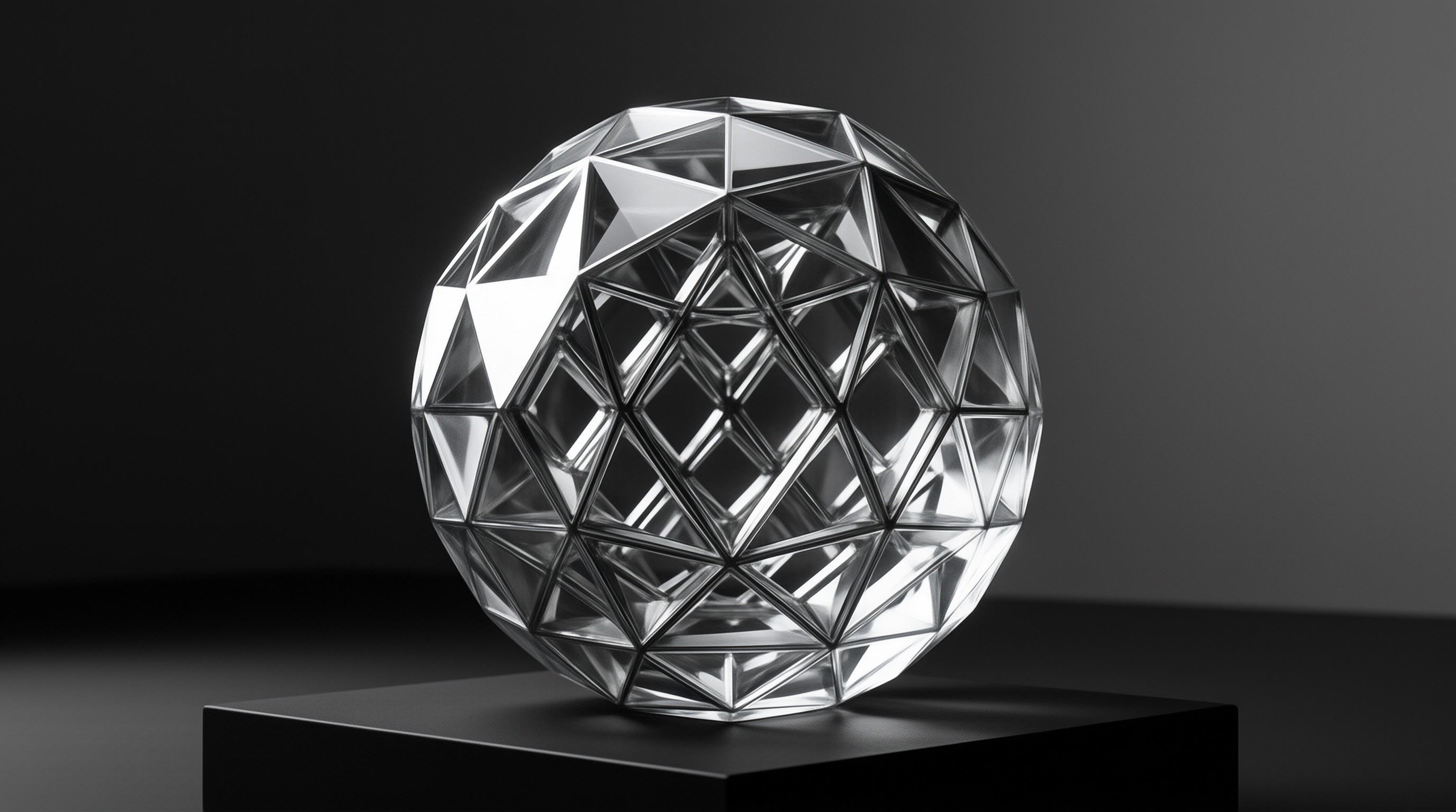 Transparent faceted geometric sphere rests on a black rectangular platform with dramatic directional lighting creating bright highlights and deep shadows across a dark gradient background.