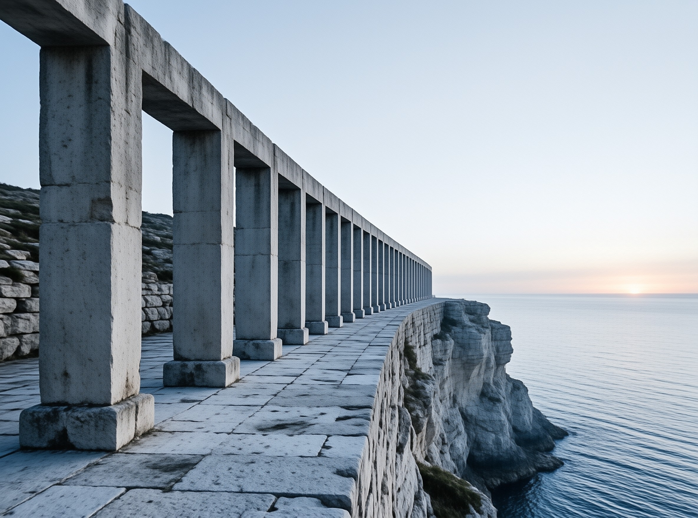 A row of concrete pillars lines a rocky walkway as the sun sets over the calm ocean horizon.