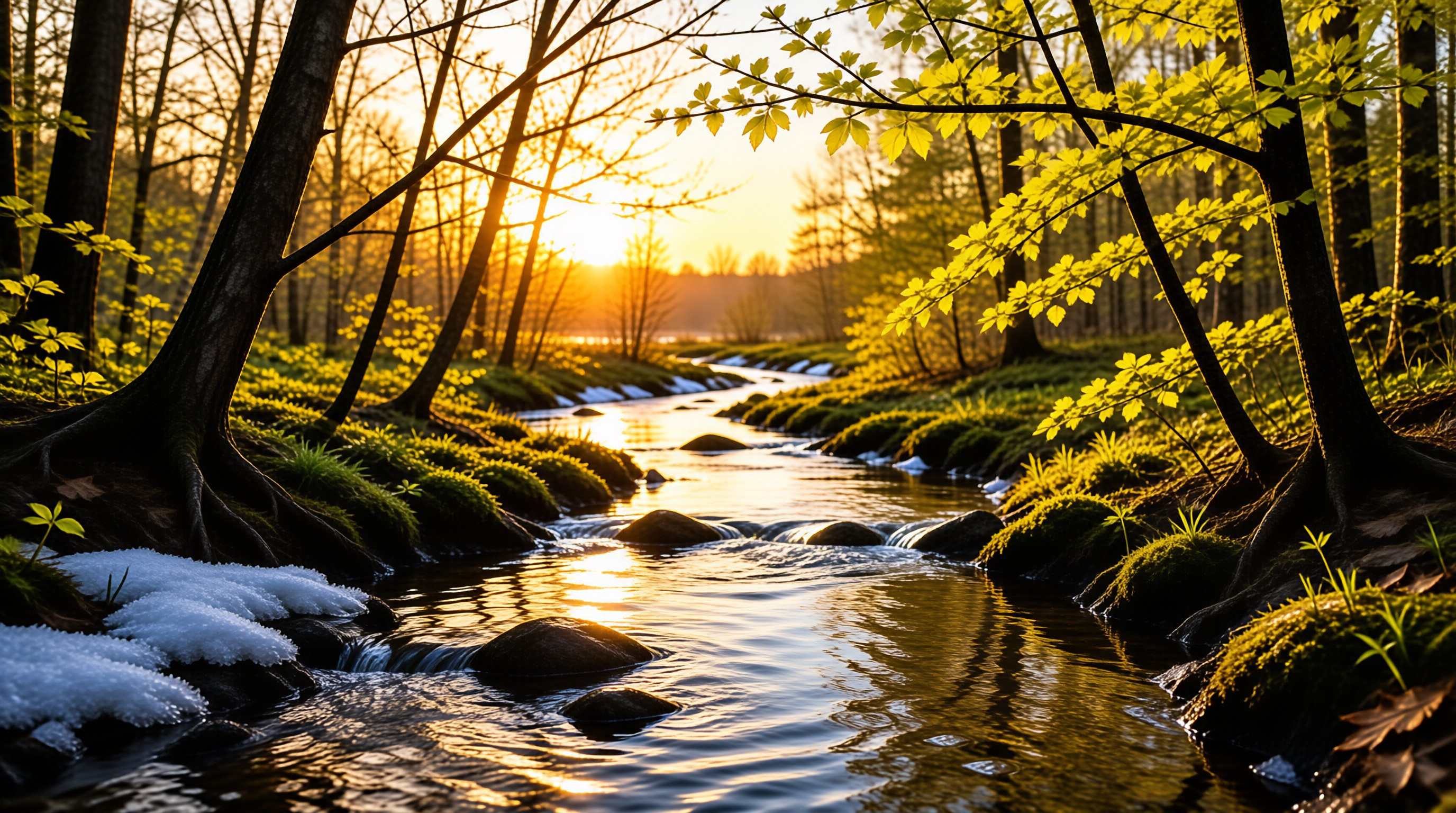 A serene forest stream flows between mossy banks with patches of snow while bright golden sunlight filters through the spring leaves.