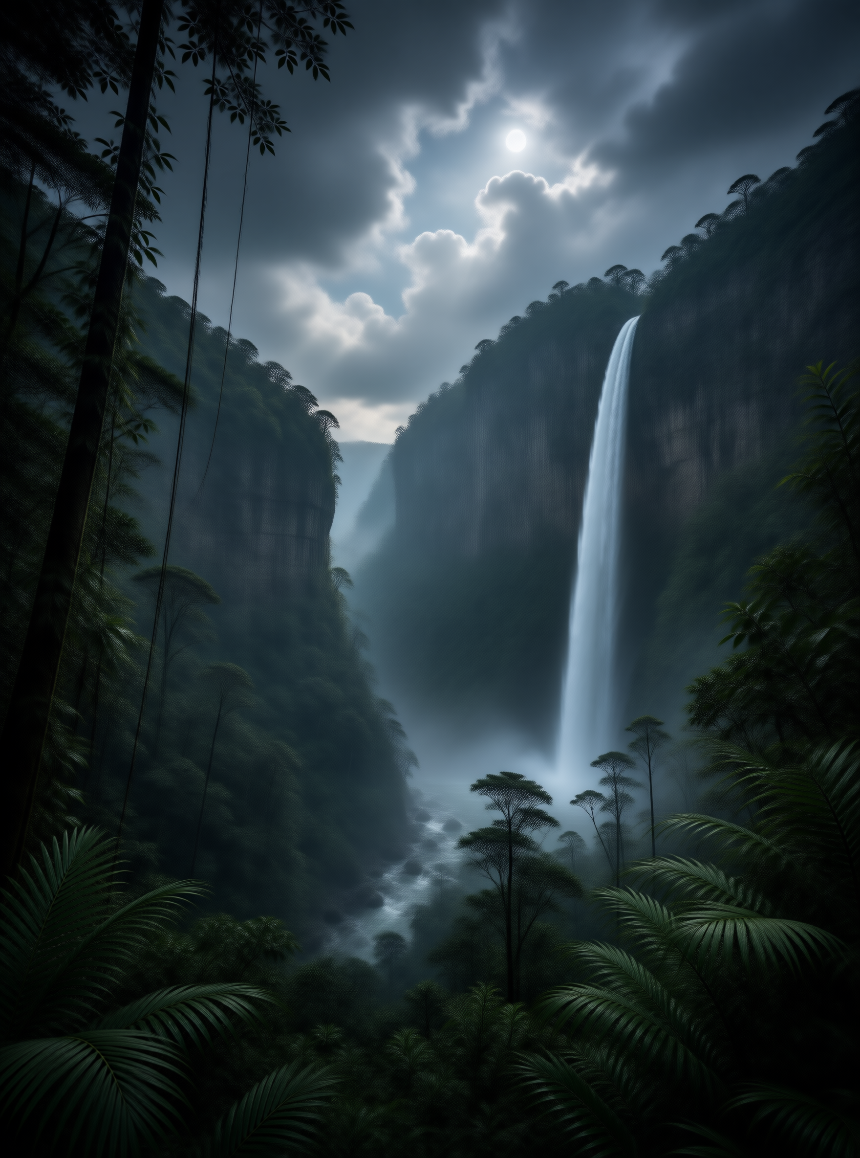Moonlit Waterfall in Jungle