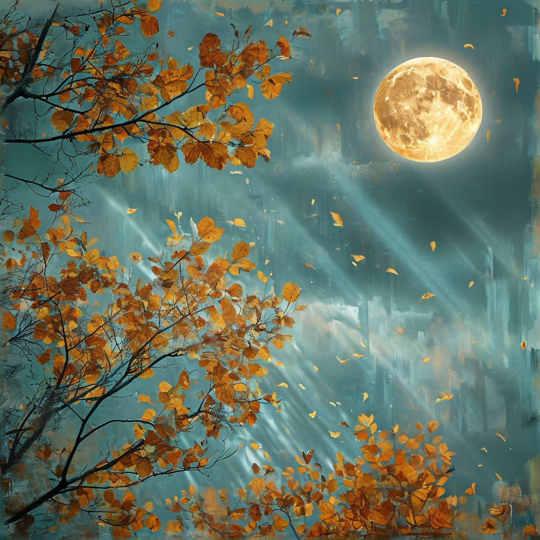 A full moon shines over autumn trees with golden leaves as radiant light beams cross a deep blue sky.