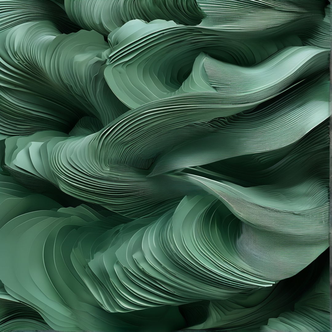 Pale green material undulates with sharp ridges and smooth folds creating deep shadows and texture