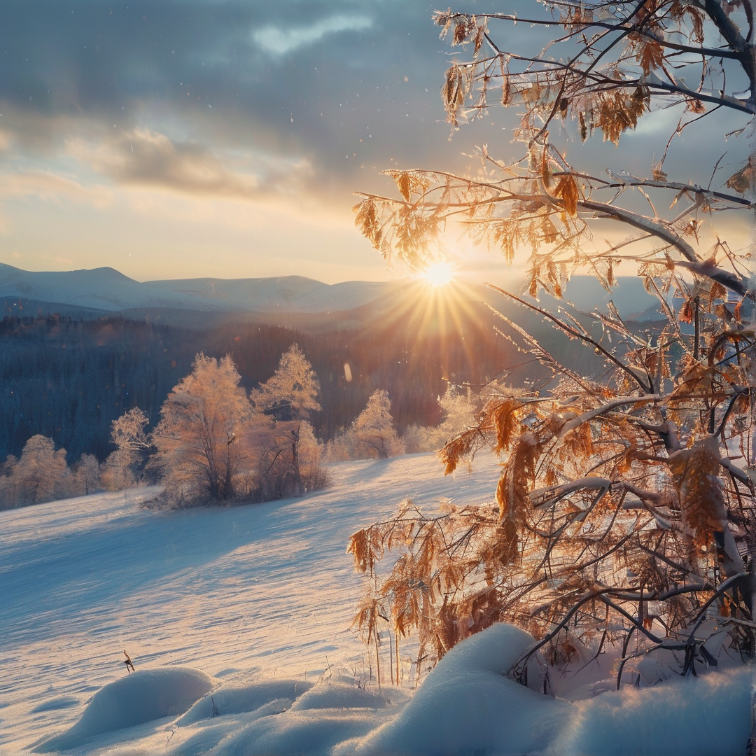 Sunlight beams through bare winter branches onto a vast snowy landscape with a small deer in the foreground.