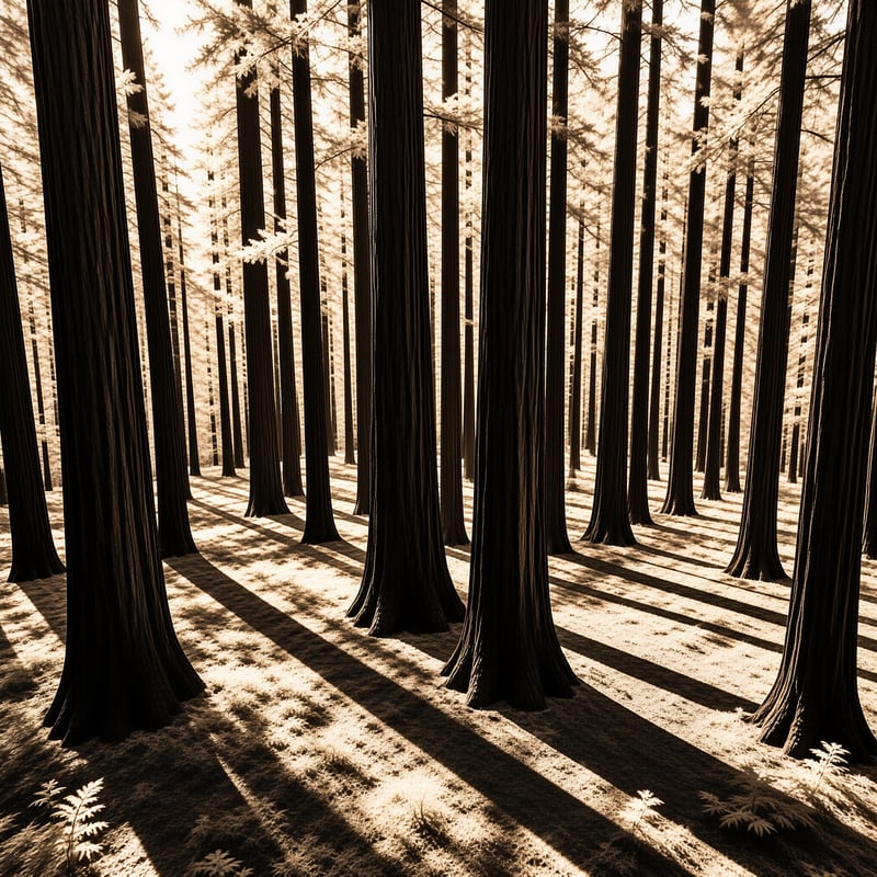 Tall dark tree trunks stand in rows across a sunlit forest floor casting long shadows.