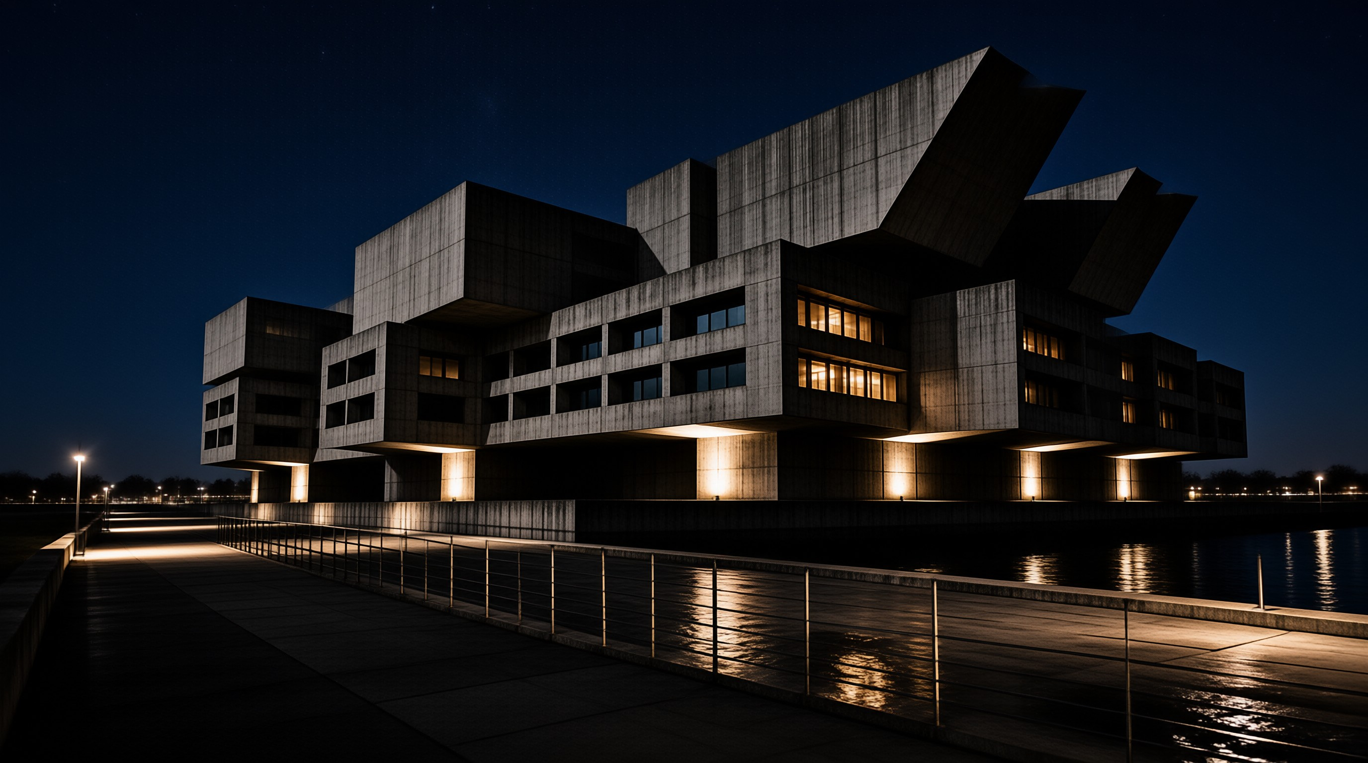 Brutalist Building at Night