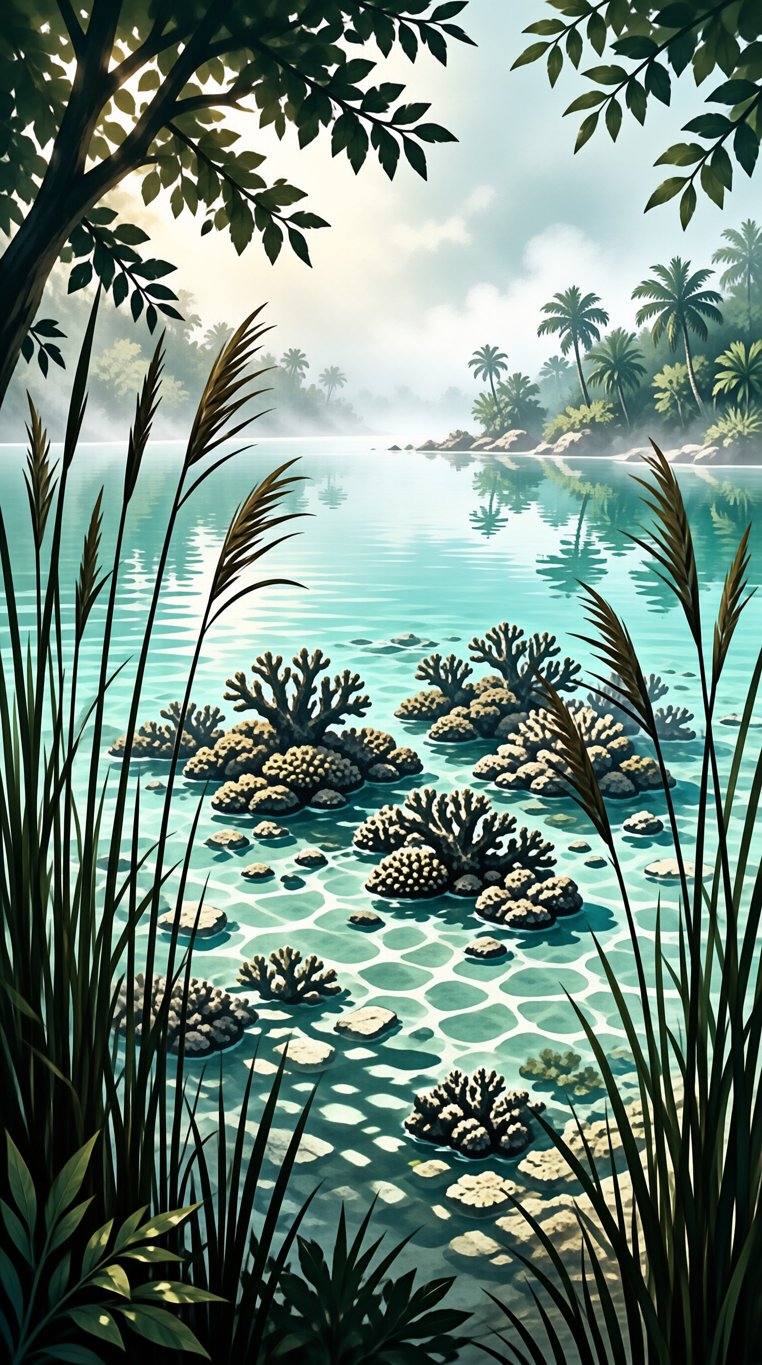 Tall grasses frame a view of coral mounds emerging from clear blue water near a misty palm tree island.