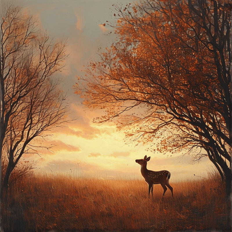 A young spotted deer stands in tall golden grass beneath warm sunset light framed by trees.