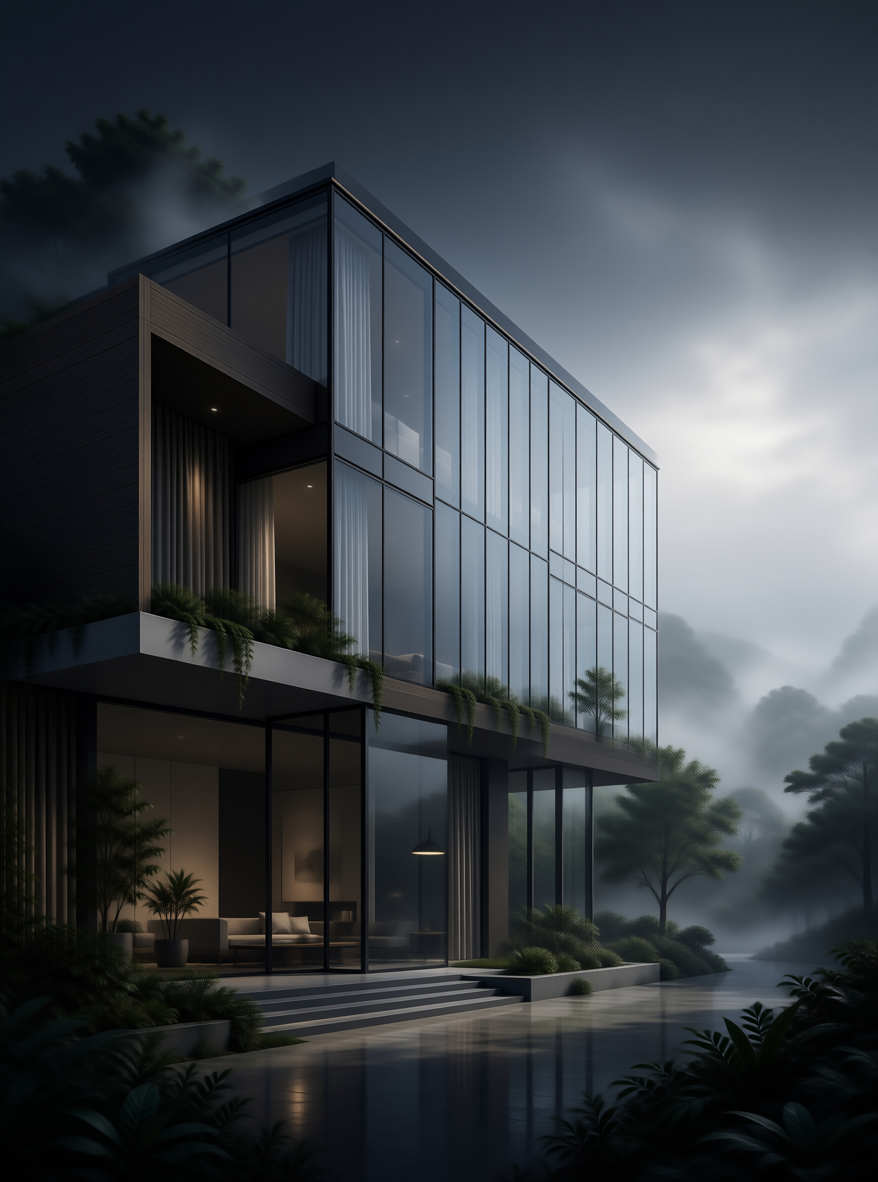 Modern Glass Villa at Night