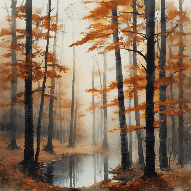 Tall dark trunks rise through orange foliage reflecting in a small pool of water amidst the fog.