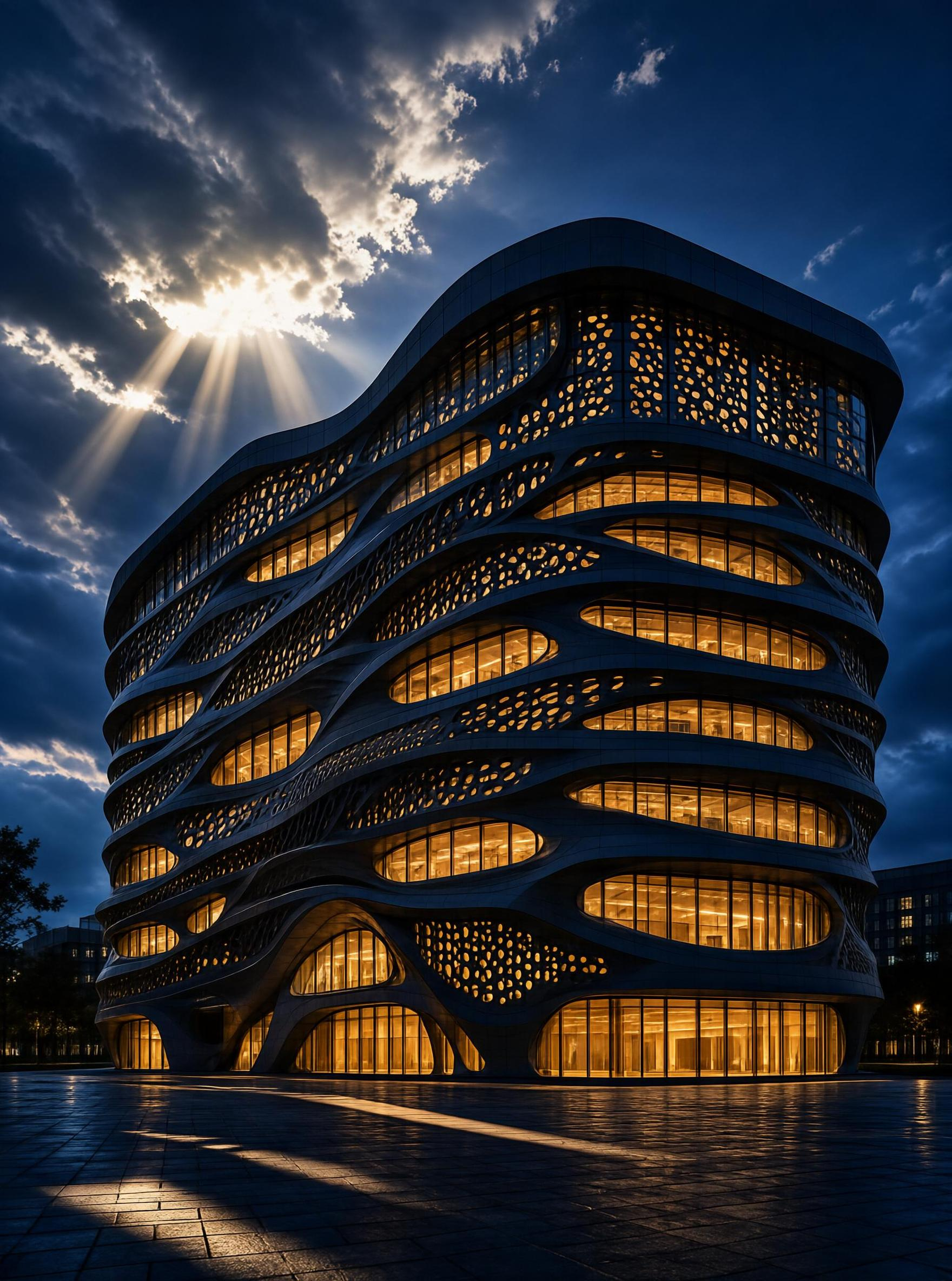 Modern Wave-like Building at Dusk