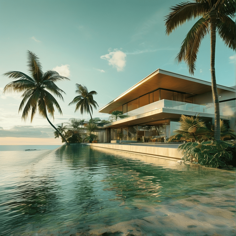 Modern residence overlooks a calm sea through large glass windows surrounded by tropical foliage under a blue sky.