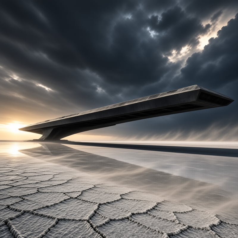 A massive concrete structure extends over a cracked salt flat landscape with the sun setting behind heavy dark clouds.