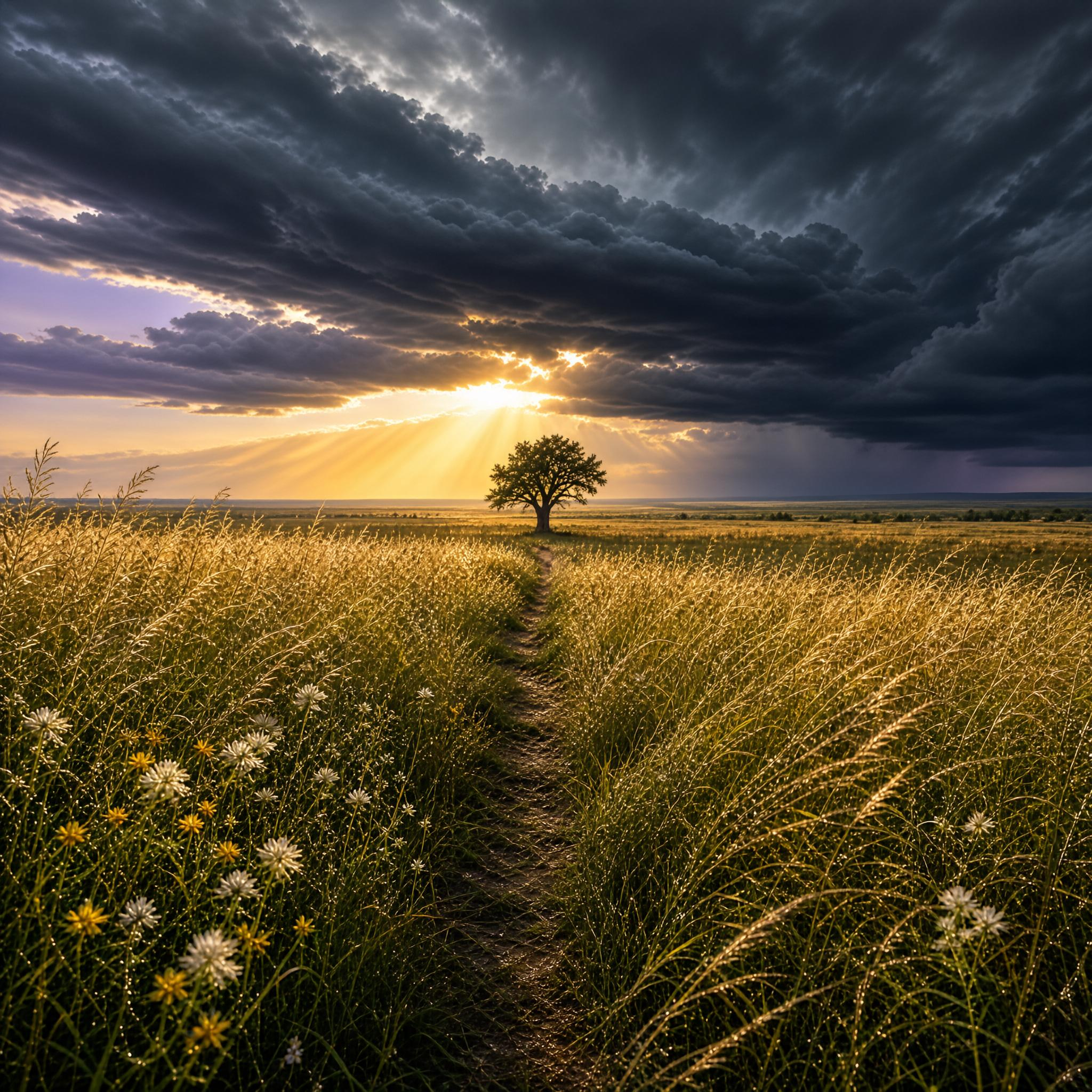 Lone Tree in Golden Field at Sunset