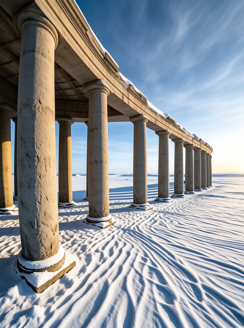 A row of weathered stone columns supports a roof above wind patterned white snow under a bright blue sky with warm sunlight.