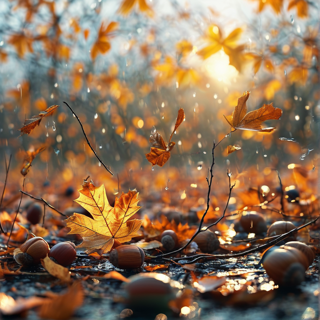 Sunlit Rainy Autumn Forest