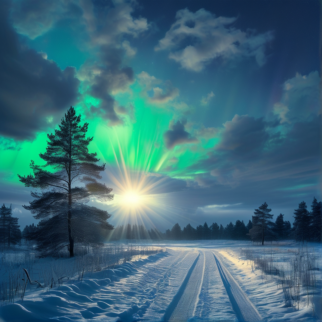 Aurora Over Winter Snow Trail