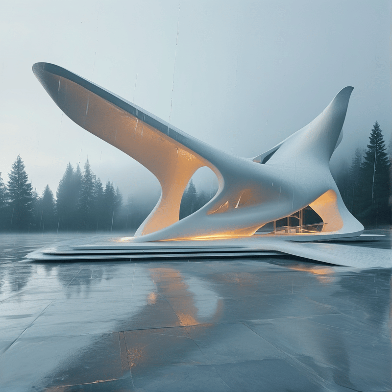 A sweeping white concrete shell with amber interior light stands on a rain-slick plaza ringed by misty conifers.