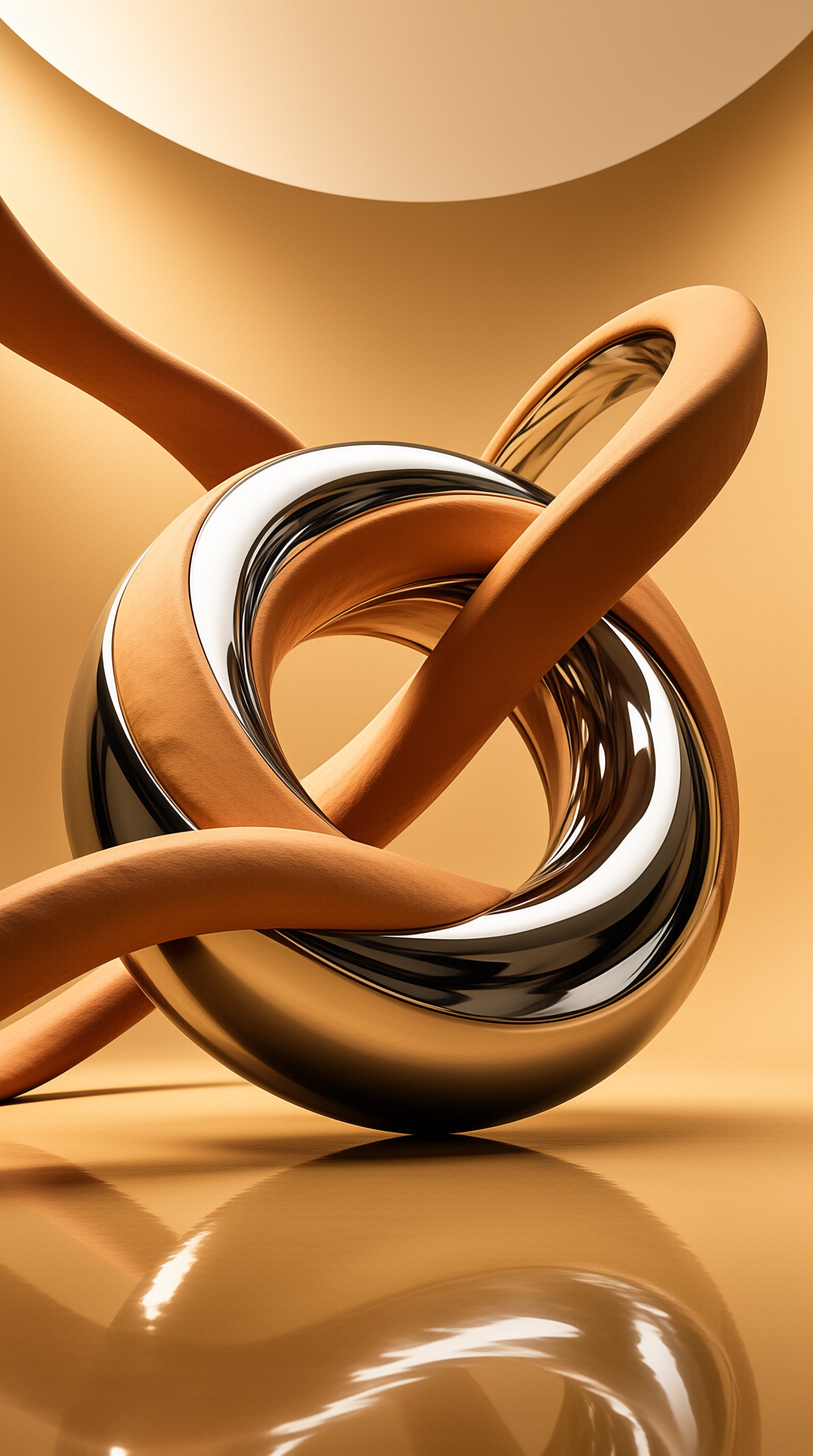 A shiny gold ring interlocks with a soft orange tube against a warm beige studio background.