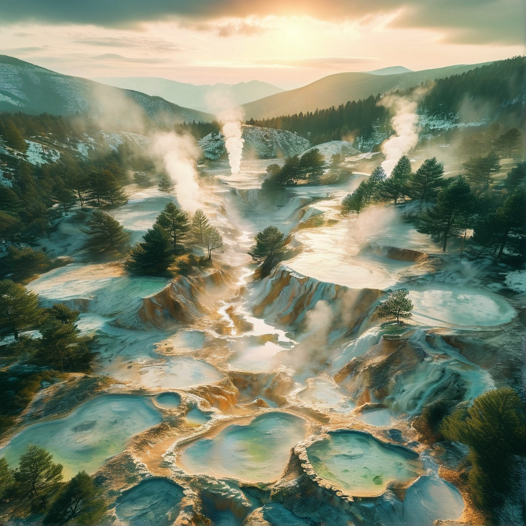 Turquoise mineral pools and rising steam fill a forested valley bathed in warm golden light.
