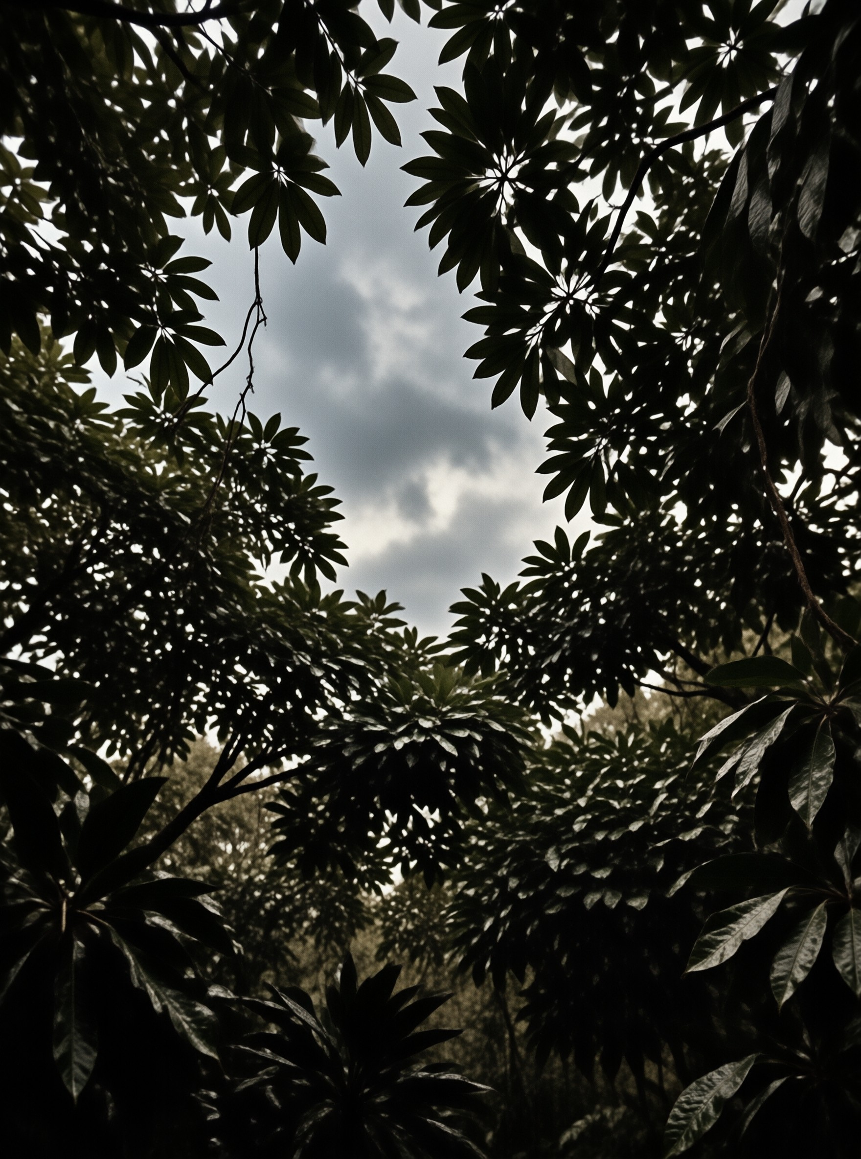 Palmate umbrella tree foliage frames a grey cloudy sky from a low upward view, with dark dense leaf clusters in the foreground.
