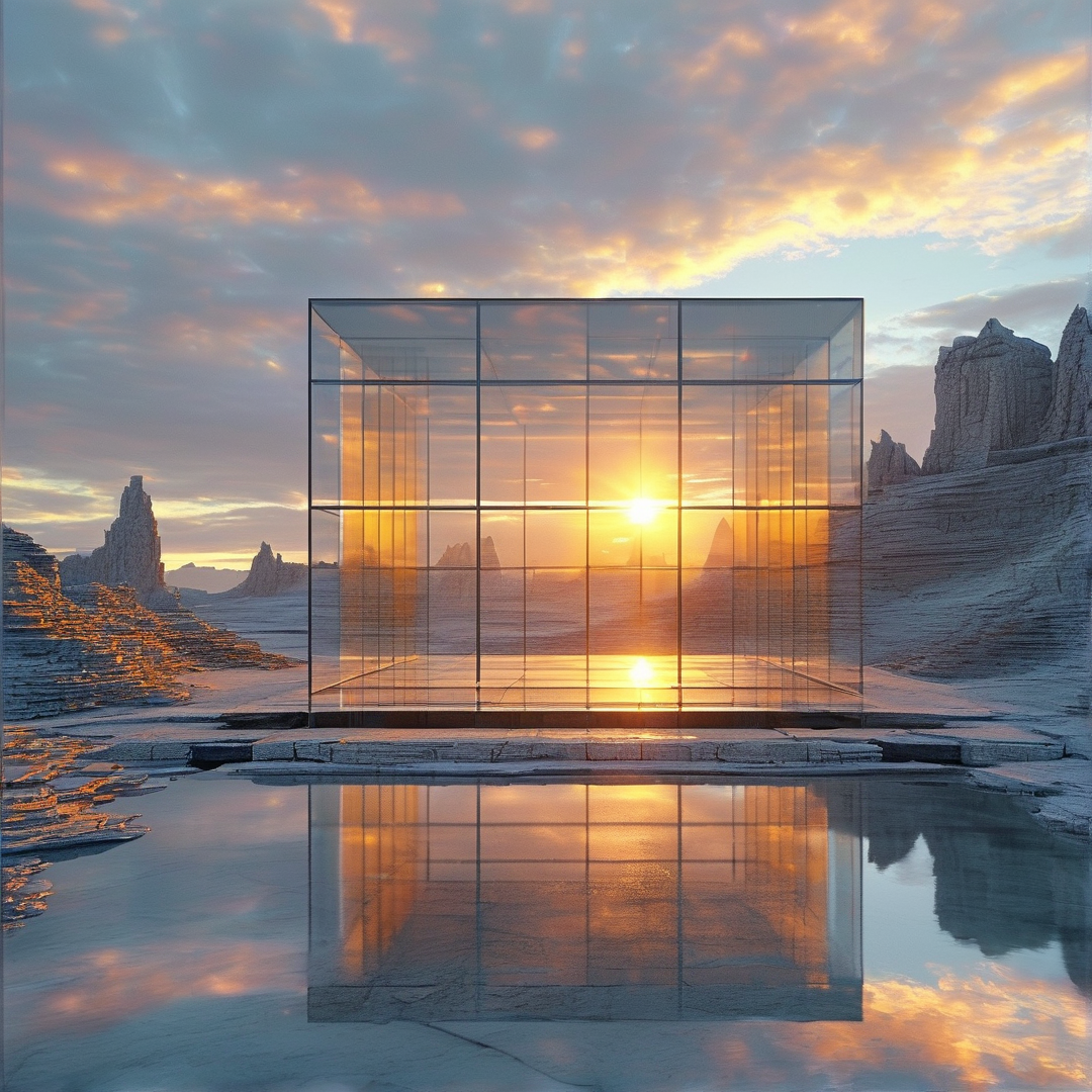 A transparent glass box sits in a barren canyon with the setting sun shining through it and reflecting in the water.
