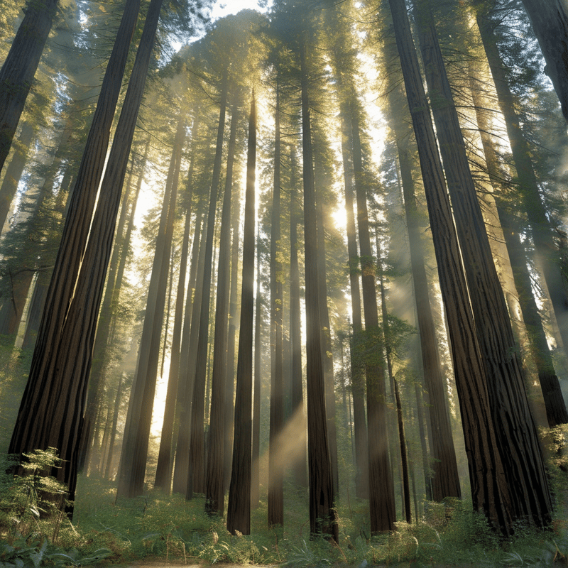 Tall straight trunks rise out of frame as shafts of light cut through mist above a ferny forest floor.