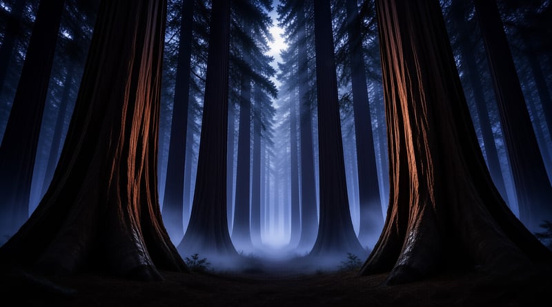 Sunlight filters between colossal tree trunks wrapped in blue fog deep inside an old forest.