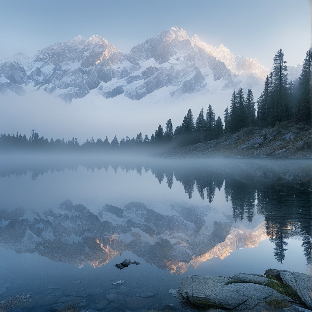 Sunlit Peaks and Misty Lake