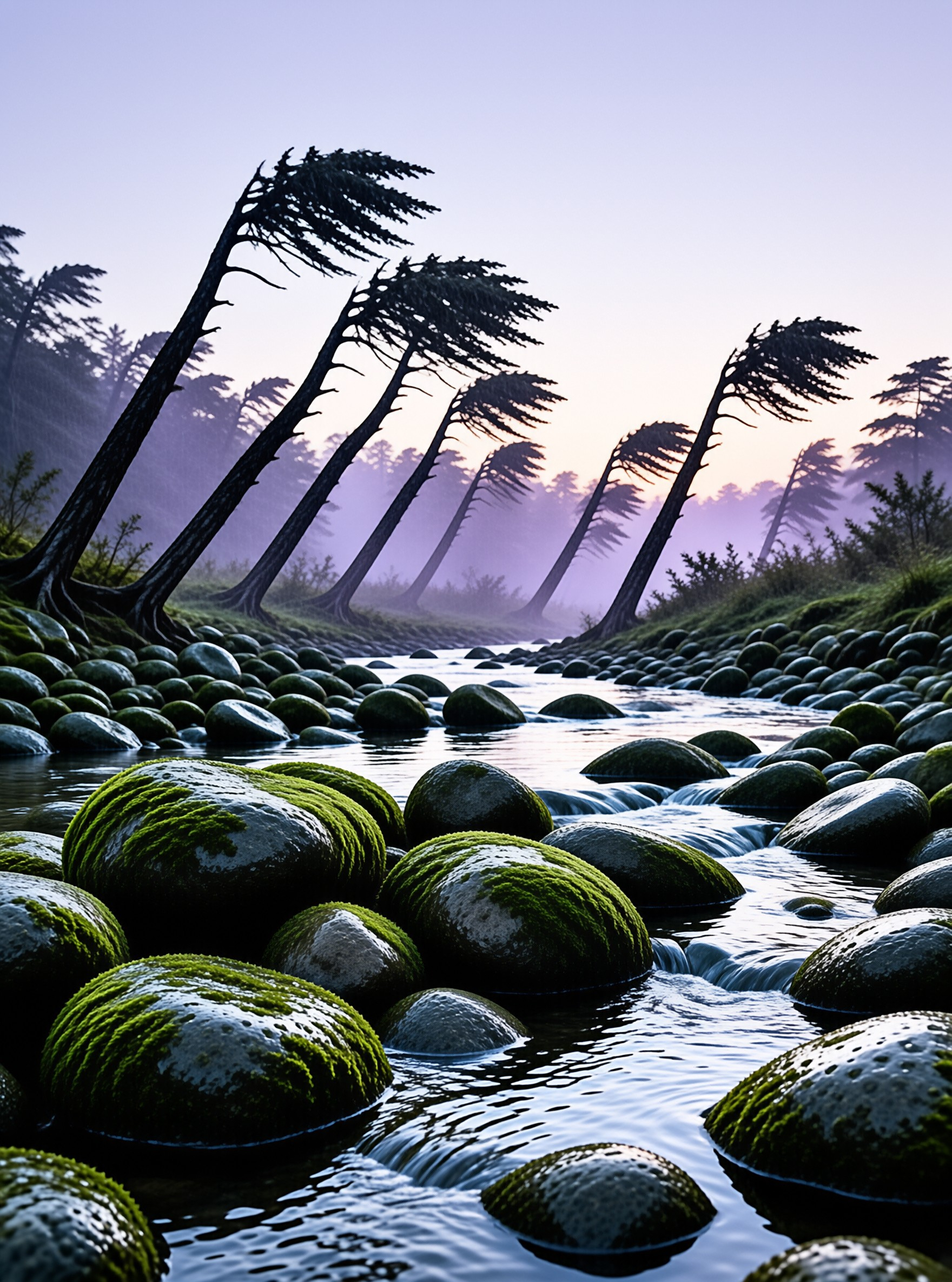 Mossy Stream in Misty Forest