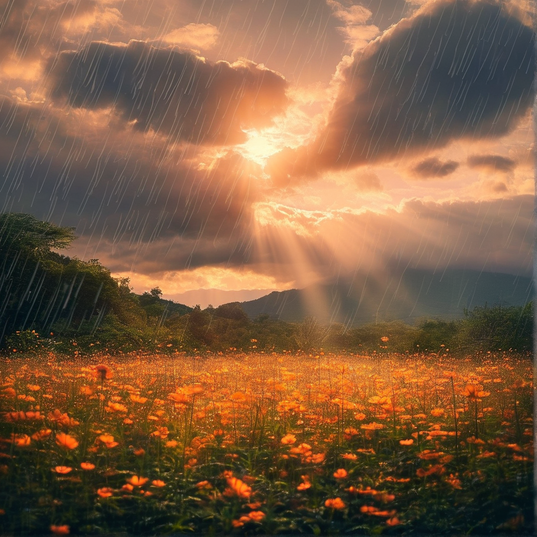 Rainy Sunset Over Flower Field