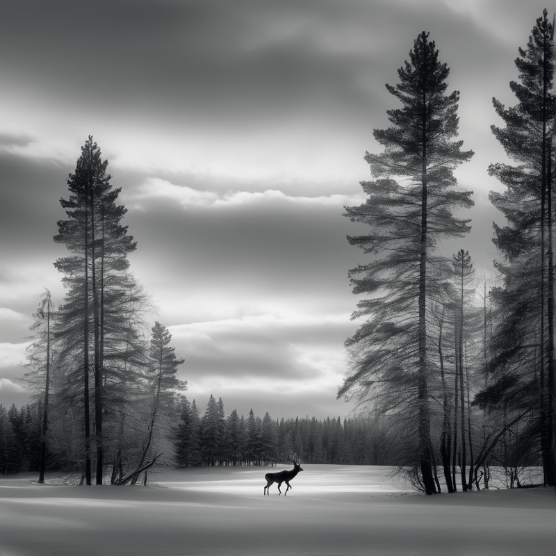 A solitary stag with antlers stands on white snow framed by tall evergreen trees beneath a heavy overcast sky.