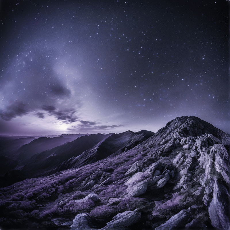 A rugged mountain range stretches across the foreground with sharp rocky textures under a vast purple sky filled with countless stars and a hint of twilight glowing on the distant horizon.