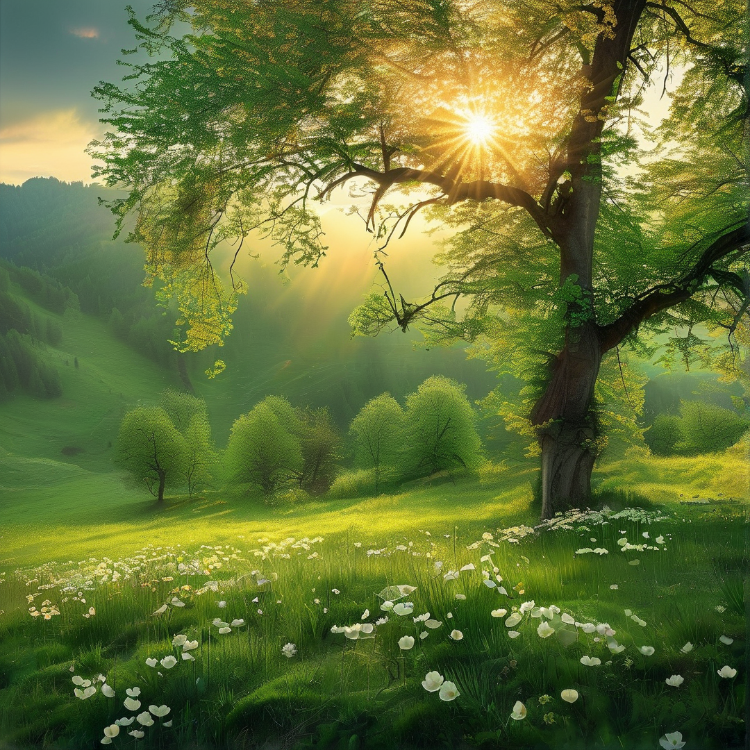 Sunlit Tree in Green Valley