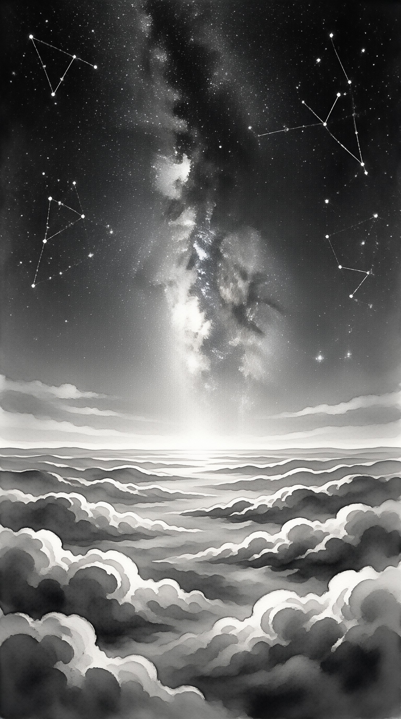 Black and white art showing a starry sky with constellations and the Milky Way above a sea of rolling clouds.
