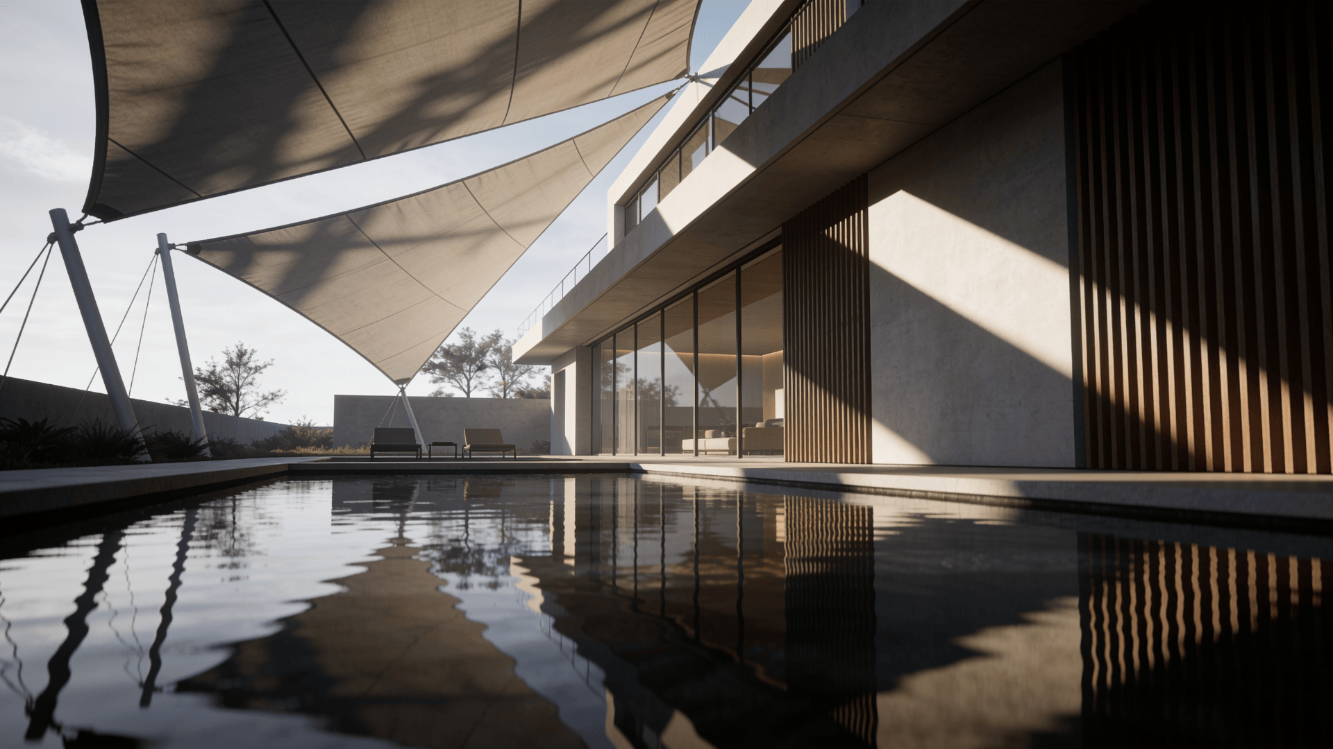 Villa with Tensile Structure — Reflecting Pool