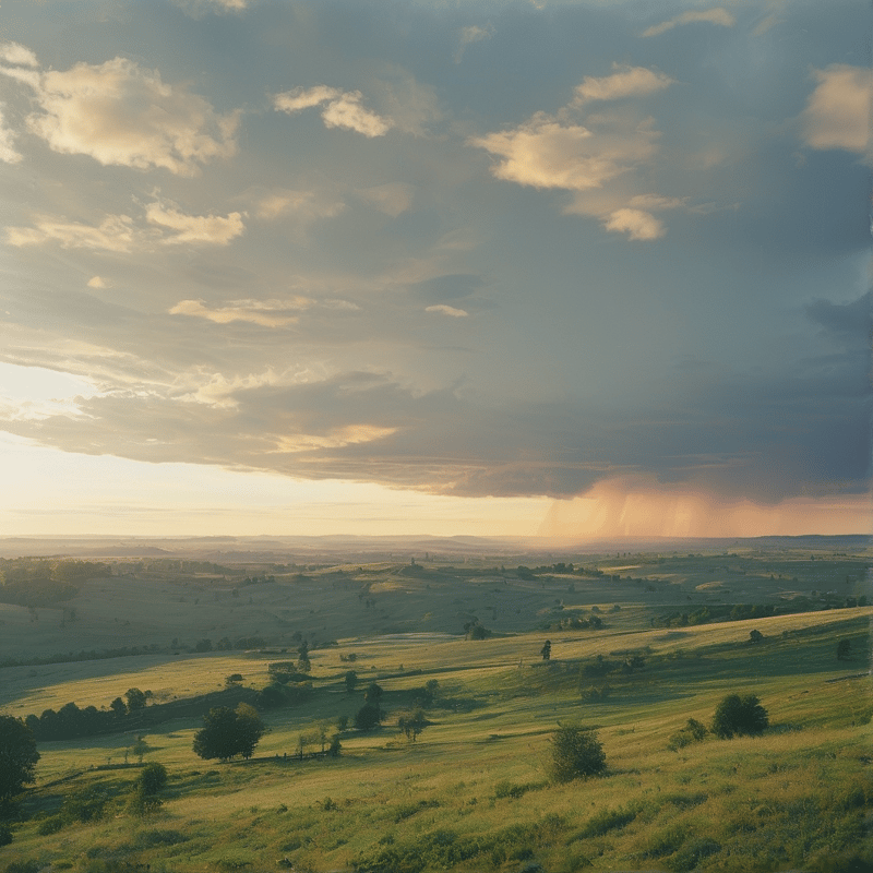Green rolling hills landscape under a vast sky with golden sunlight breaking through dark clouds and distant rain.