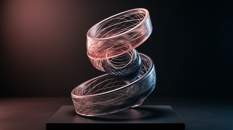 Two translucent rings etched with fine copper lattice lines rest tilted on a matte black plinth under warm side lighting.