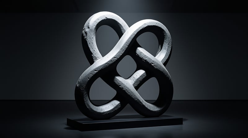 A textured knotted concrete sculpture stands on a dark square base under directional side light against a dim grey backdrop.