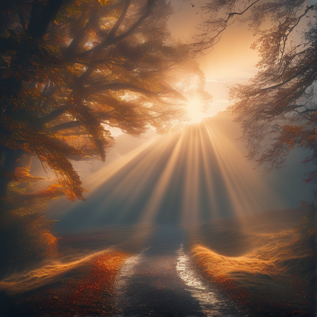 Golden Sunrays in Autumn Forest