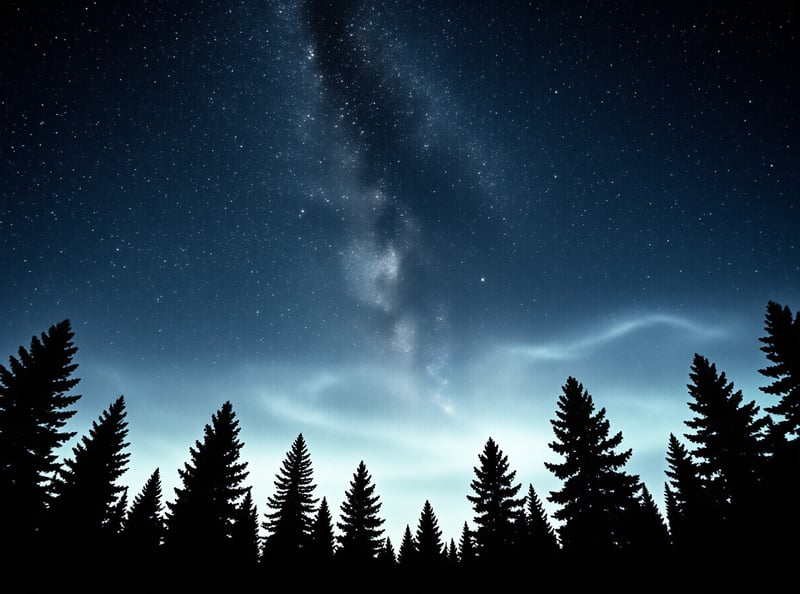 The Milky Way arcs through a deep blue night sky above a jagged silhouette of evergreen pine trees.
